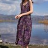 Bohemian Button Down Maxi Dress Wide Strap Purple