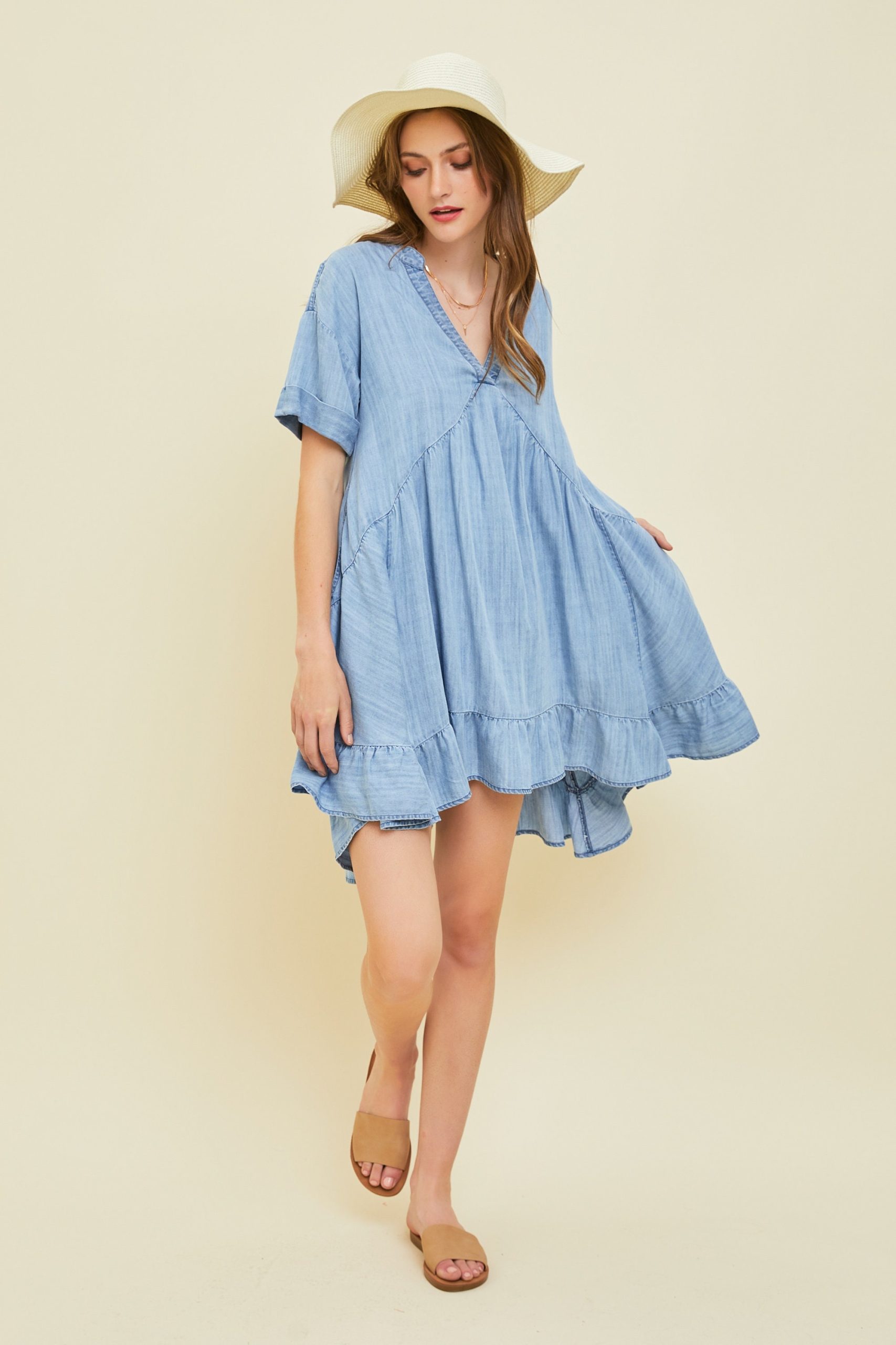Washed Denim Chambray Mini Dress Flowy A Line