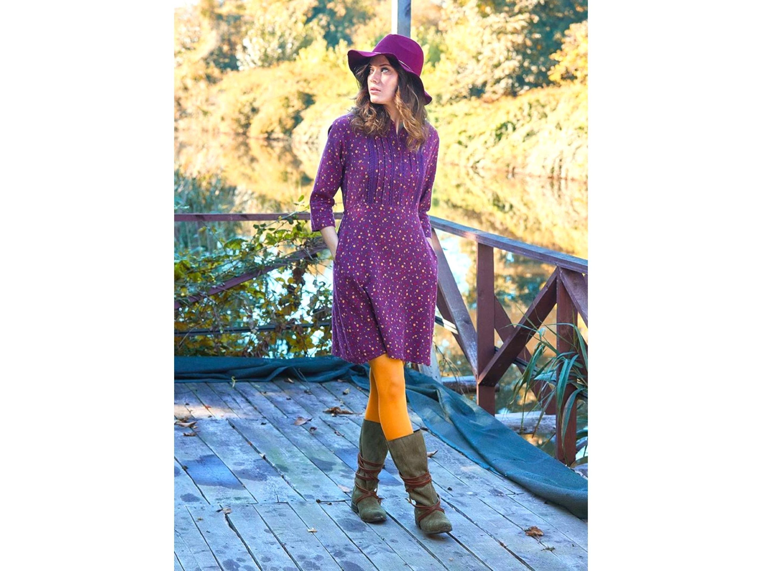 Purple Flannel Cotton Dress With Lace Button Details